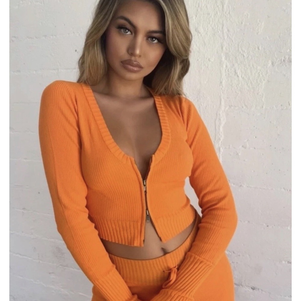 I AM G.I.A Thea Women's Size Small Orange Ribbed Knit Top Sweater and Bottom Set